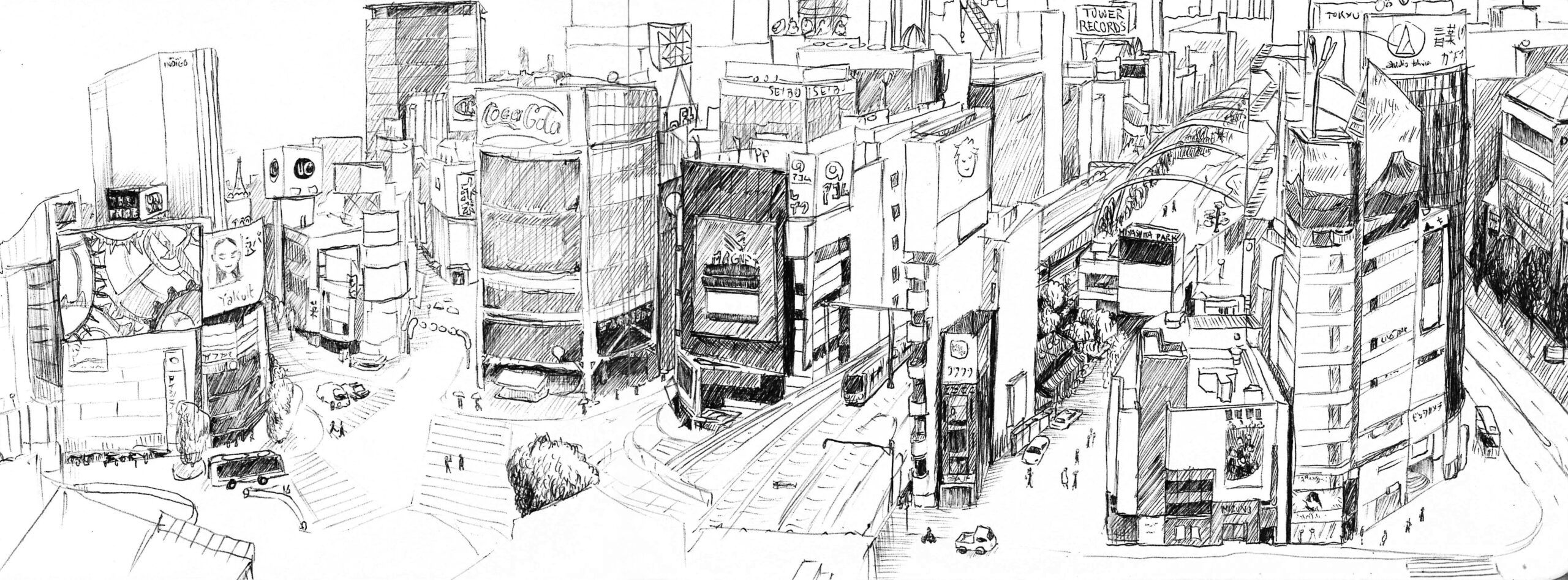 Sketch of Shibuya Crossing and Myashita Park in Tokyo
